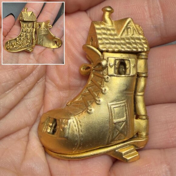 AJC Jewelry - AJC Mother Goose Brooch Vintage Hinged Shoe Figural Storybook Pin 2”